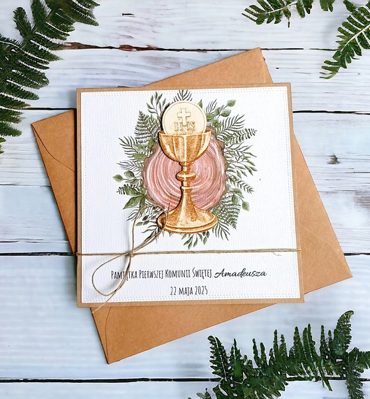 kartki na komunię Kartka, PERSONALIZACJA : I Komunia Święta : drewno: kielich 2