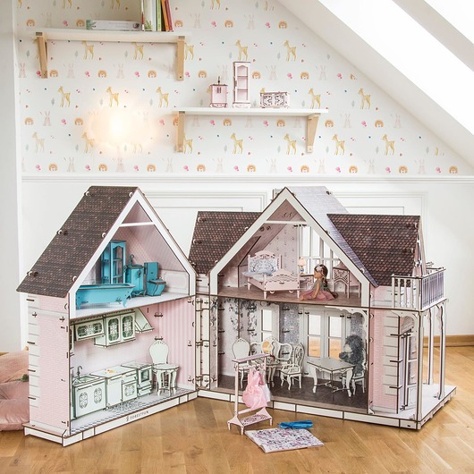 klocki i zabawki drewniane Drewniany domek dla lalek Pink + dobudówka