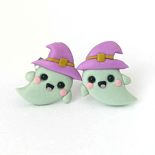kolczyki z masy plastycznej Kawaii kolczyki duszki w kapeluszach czarownica