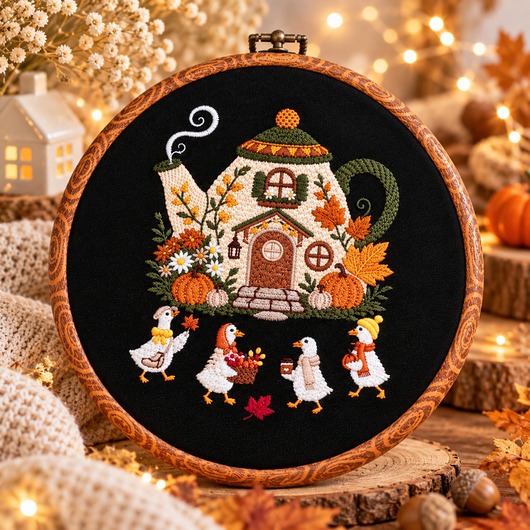 Ozdoby na ścianę Jesienne gąski,haft w oprawie ok 21 cm średnicy