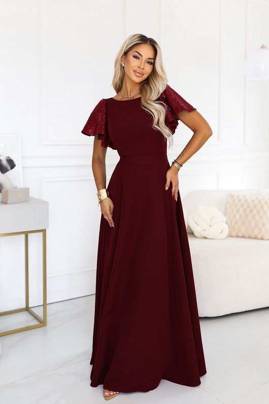 sukienki maxi damskie 694-3 MIRELLA Elegancka rozkloszowana sukienka maxi z cekinami - bordo