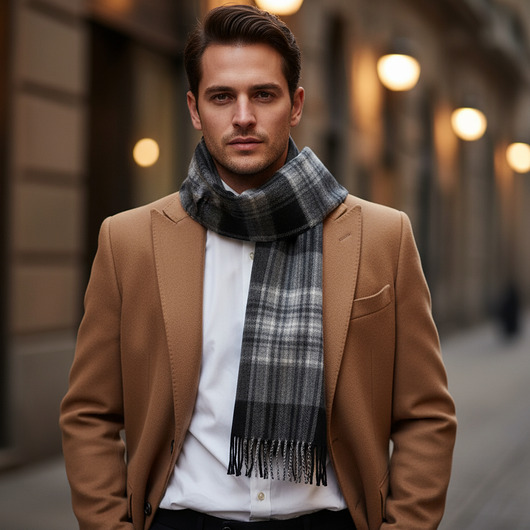tuby i kominy Szalik Męski Czarny Szary Kratka Wełna Kaszmir