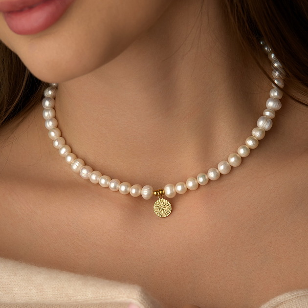 złote naszyjniki Naszyjnik perły naturalne moneta- stal szlachetna pozłacana