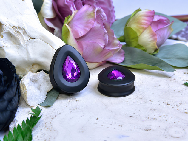 biżuteria różna Tunele do uszu łezki 10-100mm ze szklanym kryształkiem #027 Purple