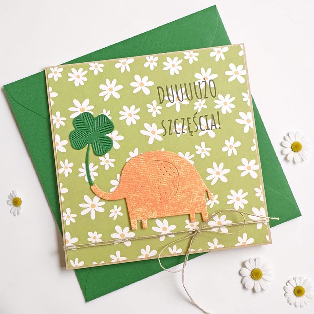kartki scrapbooking Dużo szczęścia - urocza, uniwersalna kartka - słonik, koniczynka