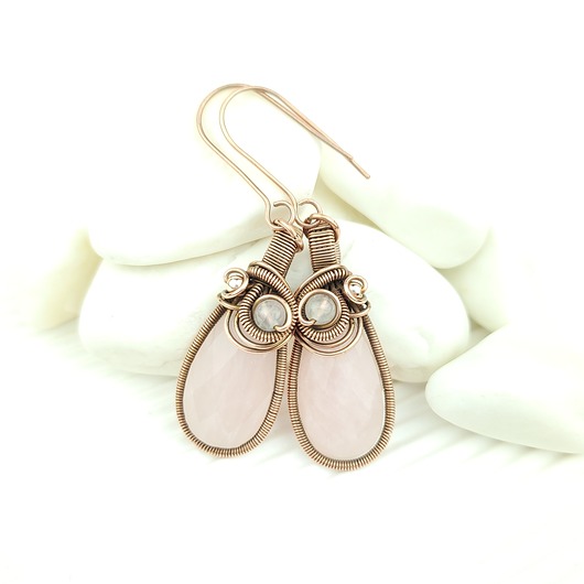 kolczyki wire wrapping Kolczyki z różowym kwarcem