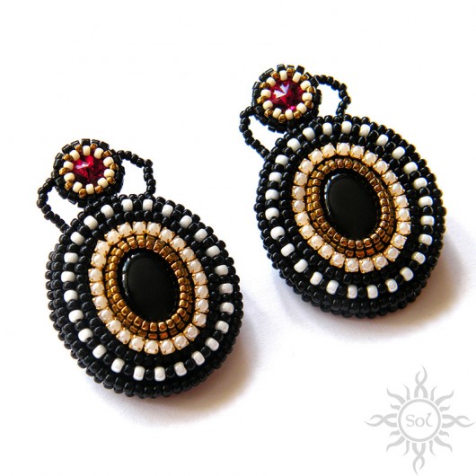 Regium, kolczyki z onyksami, kryształ Swarovski, beading Sol