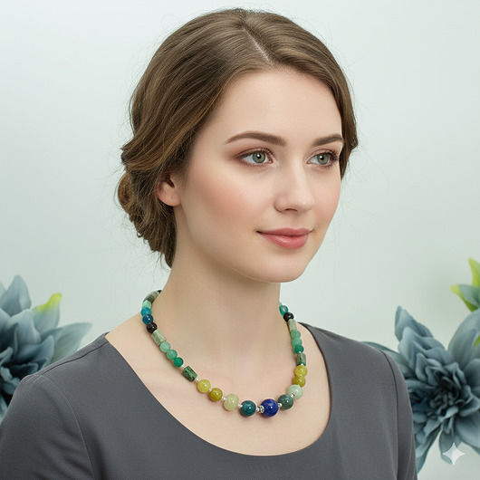 korale Duży, zielony naszyjnik, amazonit, jadeit, agat, srebro 925
