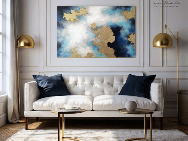 obrazy ŚWIETLISTY HORYZONT - obraz abstrakcyjny z fakturą i złoceniami 100x70 cm