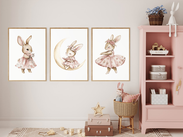 obrazy i plakaty do pokoju dziecięcego Plakaty dla dzieci Króliczki w sukienkach Baletnica Pokój dziewczynki