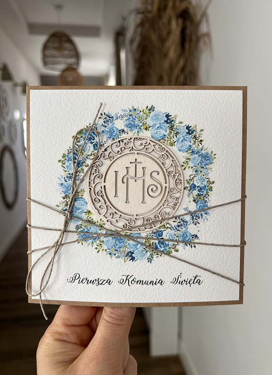kartki na komunię Ręcznie robiona kartka na komunię z życzeniami