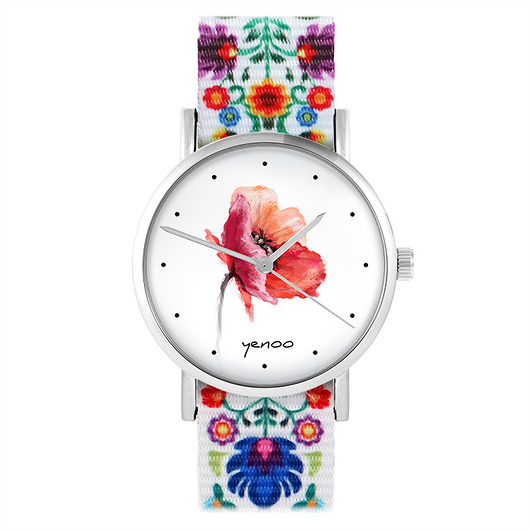 zegarki damskie Zegarek - Mak - folk biały, nylonowy