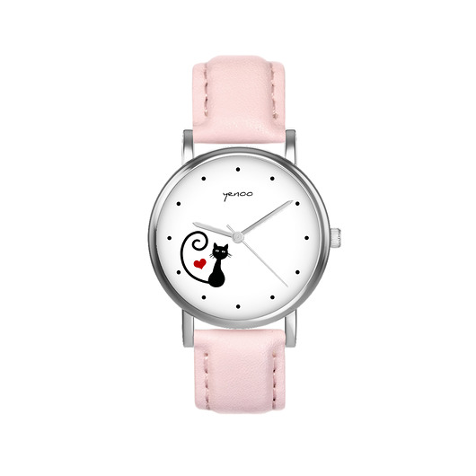 zegarki damskie Zegarek  mały - Kotek, serce - skórzany, pudrowy róż