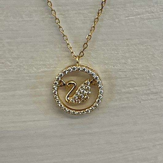 złote naszyjniki Ptak łabędź w kółku naszyjnik z cyrkoniami ze srebra pr. 925 pozłacany.