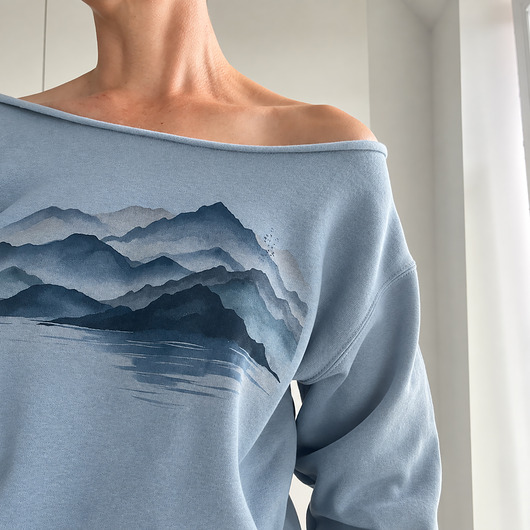 bluza bez kaptura damska Japoński pejzaż Niebieska bluza z ciętym dekoltem