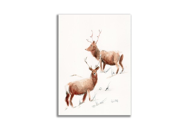 grafiki i ilustracje Akwarela ręcznie malowana  "Jelenie"