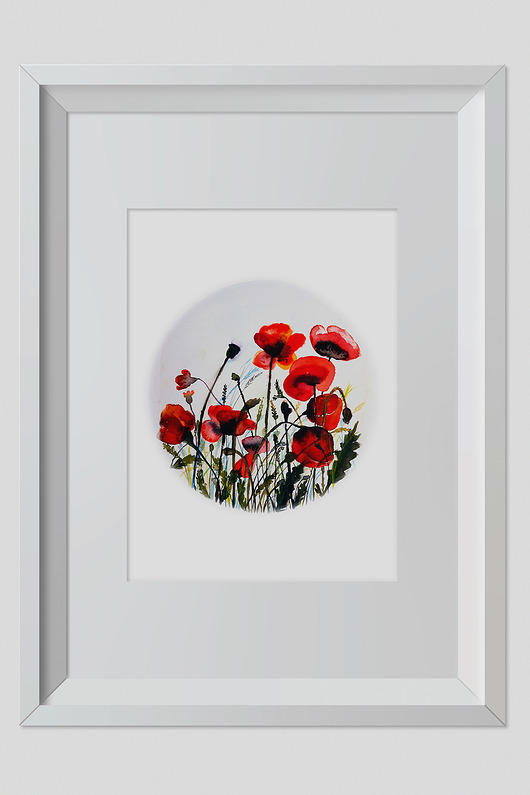 Akwarela Maki(łąka)40x30cm + biała rama ŁUKASZ KROKOSZ ART
