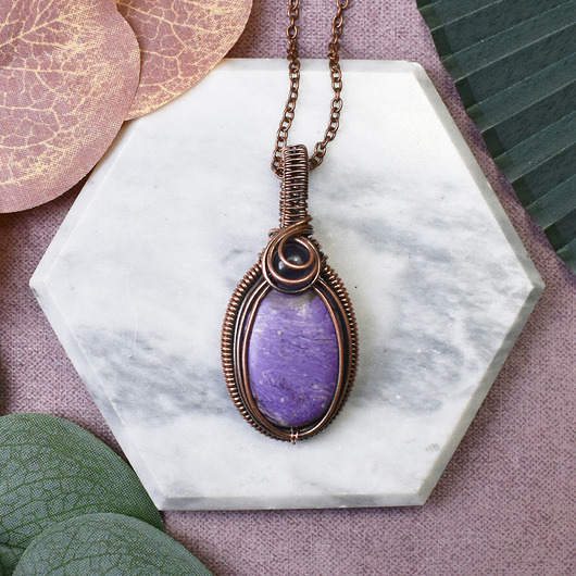 wisiory Miedziany wisiorek wire wrapping z purpurytem i ametystem #449