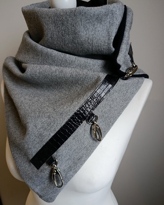 szale damskie Szal wełniany szary z czarną skórą - krokodyl