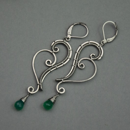 kolczyki wire wrapping Długie duże kolczyki zielony onyks wire wrapping