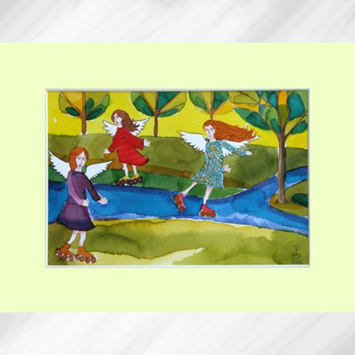 &quot;Anioły na rolkach&quot; akwarela 21x30cm Dabrowski