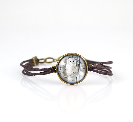 bransoletki ze szkła Bransoletka - Biała sowa - sznurki, brąz