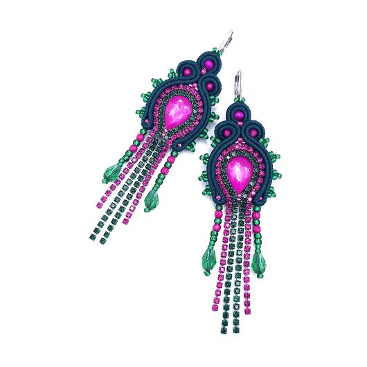 kolczyki soutache Joy kolczyki sutasz fuksjowo zielone błyszczące z cyrkoniami