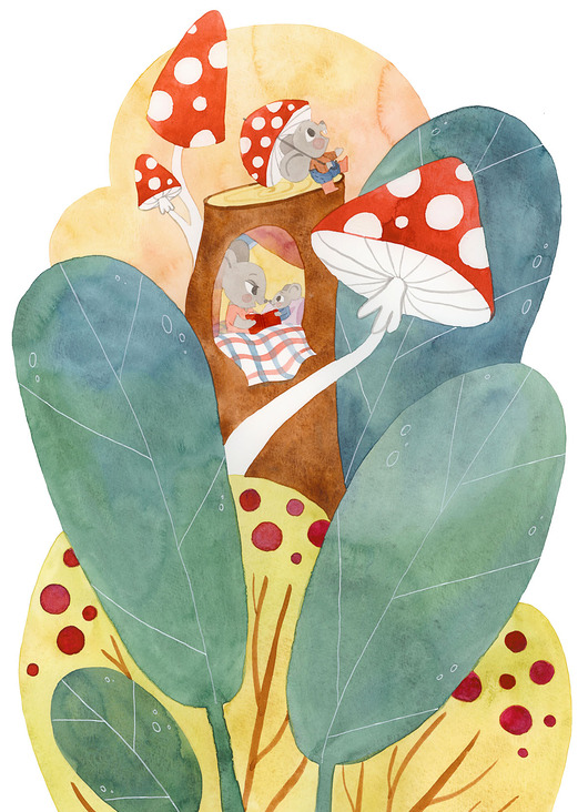 obrazy i plakaty do pokoju dziecięcego Myszy i muchomorki - ilustracja oryginalna A3