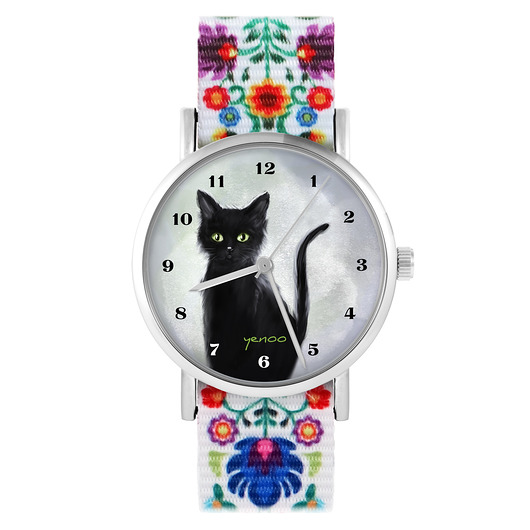 zegarki damskie Zegarek - Czarny kot - folk biały, nylonowy