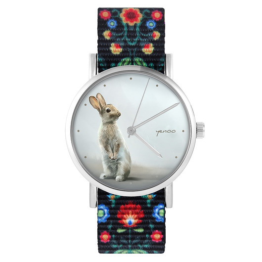 zegarki damskie Zegarek - Zając - folk czarny, nylonowy