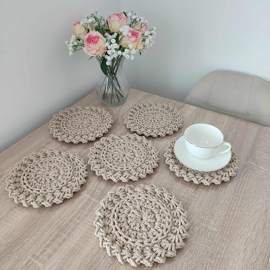 podkładki do kuchni Komplet podkładek szydełkowych okrągłych ze sznurka 6szt - 20cm