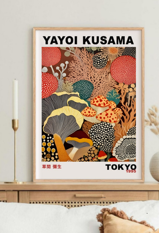 plakaty PLAKAT dekoracyjny las kropki abstrakcyjny grzyby Yayoi Kusama, poster