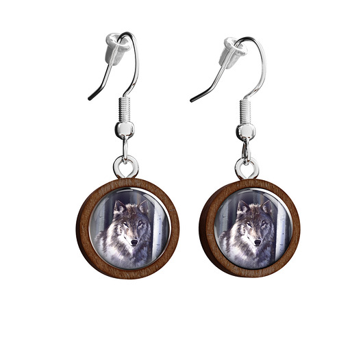 kolczyki drewniane Kolczyki drewniane - Szary wilk - wiszące