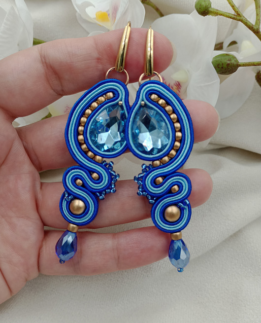 kolczyki soutache Długie kolczyki sutasz na wesele, niebieskie kolczyki kryształowe
