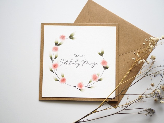 kartki scrapbooking Kartka na ślub rustykalna Wianek z różowych kwiatów