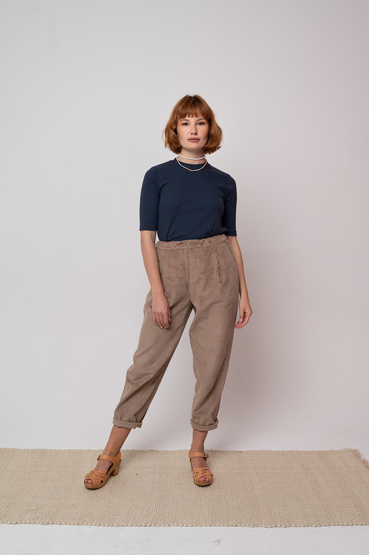 spodnie materiałowe damskie Spodnie sztruksowe z wysokim stanem, CAFFE LATTE