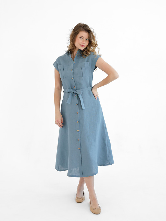 sukienki midi damskie Lniana Sukienka MARIGOLD dusty blue