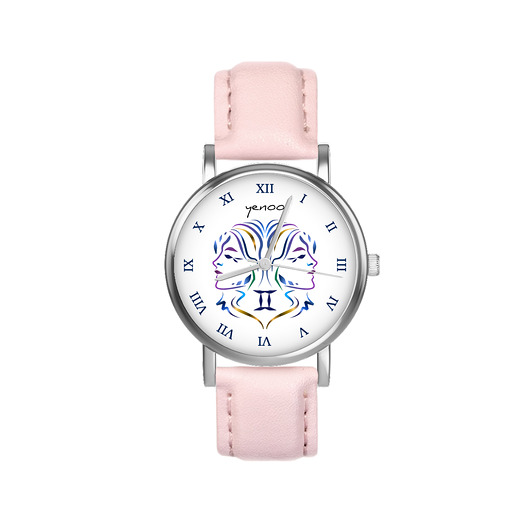 zegarki damskie Zegarek mały - Bliźnięta - skórzany, pudrowy róż