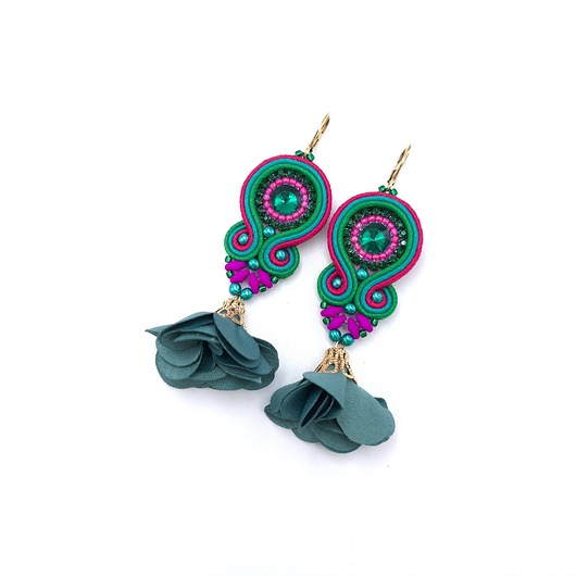 kolczyki soutache Kolczyki sutasz kolorowe zielone różowe wiosenne Cleo z kwiatkiem
