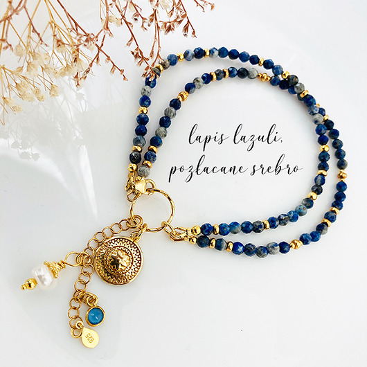 bransoletki z kamieni naturalnych Bransoletka LAPIS LAZULI z perłą i zawieszką