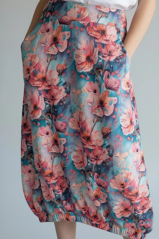 spódnice midi Spódnica Samsara różowe maki asymetryczna midi rozmiar L 40