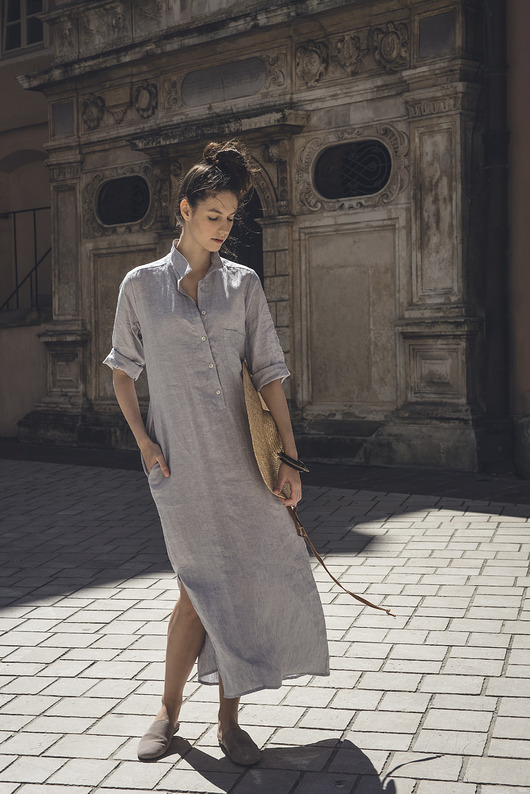 sukienki maxi damskie Lniana sukienka koszulowa szaro błękitna