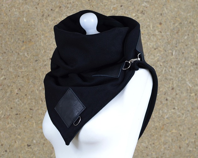 szale damskie Szal wełniany ze skórą, Komin Unisex - Czarny