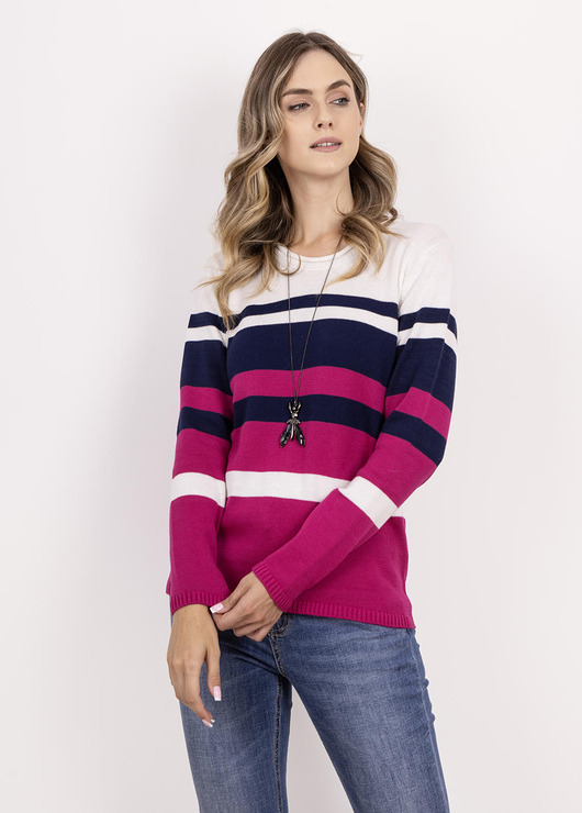 swetry damskie  Sweter w paski z ciekawym dekoltem - SWE343 amarant/ecru/granat MKM