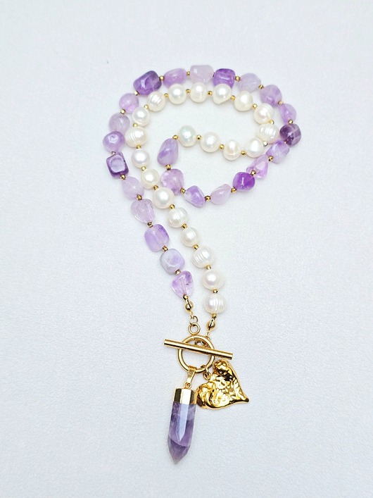 złote naszyjniki Naszyjnik  Perłowo  Ametystowo