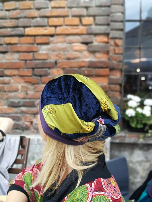 czapka patchworkowa bardzo długa letnia turban ruda klara