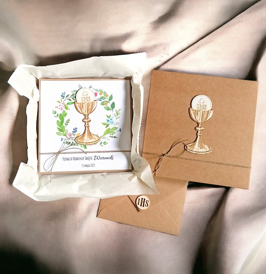 kartki na komunię Kartka, personalizacja, pudełko :: kolorowy wianek HOSTIA