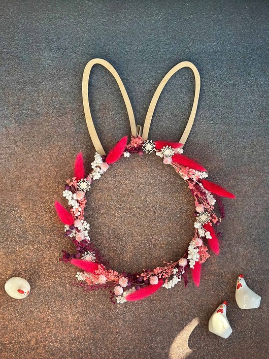 wianki wielkanocne SŁODZIAK Wianek z suszonych roślin, kolorowy wianek wiosenny z uszkami zająca