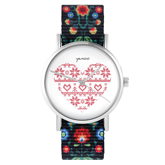 zegarki damskie Zegarek - Serce skandynawskie - folk czarny, nato