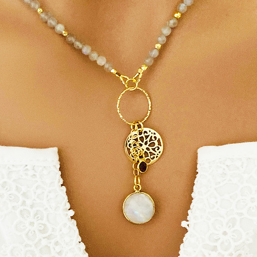 złote naszyjniki GREY DREAMS- naszyjnik labradoryt, szary naszyjnik